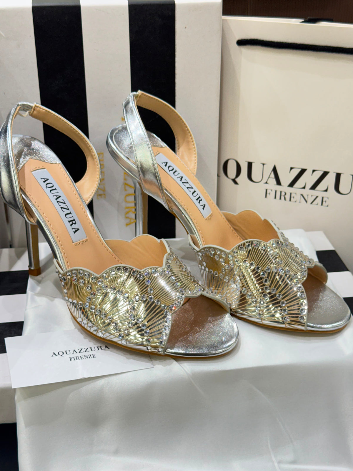 A-Q-U-A-Z-Z-U-R-A Zaura Sling Back Embellished Sandals – Premium Nappa Leather | Luxury Women Footwear (Silver Golden)