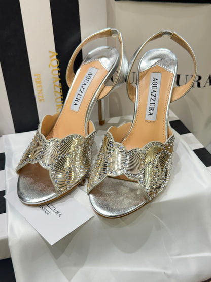 A-Q-U-A-Z-Z-U-R-A Zaura Sling Back Embellished Sandals – Premium Nappa Leather | Luxury Women Footwear (Silver Golden)