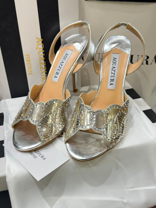 A-Q-U-A-Z-Z-U-R-A Zaura Sling Back Embellished Sandals – Premium Nappa Leather | Luxury Women Footwear (Silver Golden)