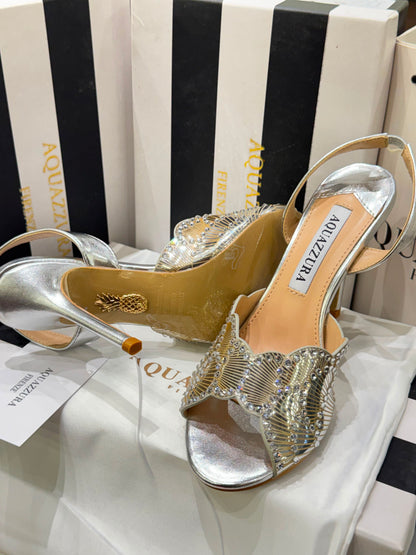A-Q-U-A-Z-Z-U-R-A Zaura Sling Back Embellished Sandals – Premium Nappa Leather | Luxury Women Footwear (Silver Golden)