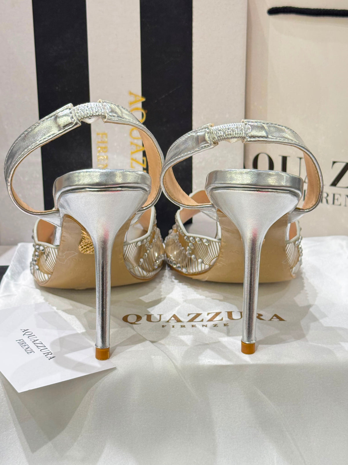 A-Q-U-A-Z-Z-U-R-A Zaura Sling Back Embellished Sandals – Premium Nappa Leather | Luxury Women Footwear (Silver Golden)