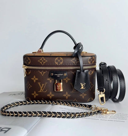 L-O-U-I-S V-U-I-T-T-O-N Reverse Monogram Vanity Chain Pouch – Premium Quality Women Bag | Brand Box & Dust Bag (Beige Brown)