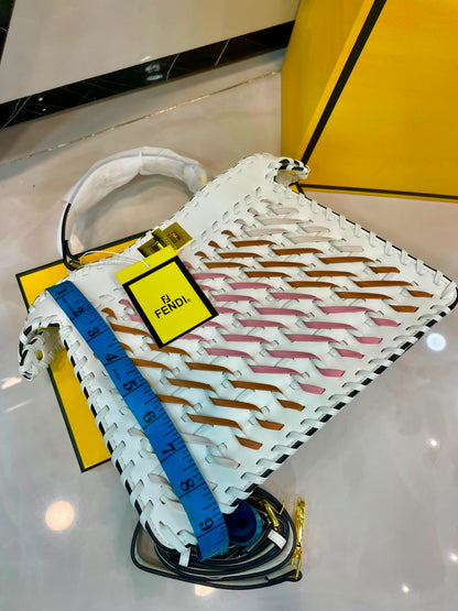 F-E-N-D-I R-O-M-A Peekaboo ISeeU Interwoven Bag – Premium Quality Women Bag | Magnetic Box | White with Mix Colors