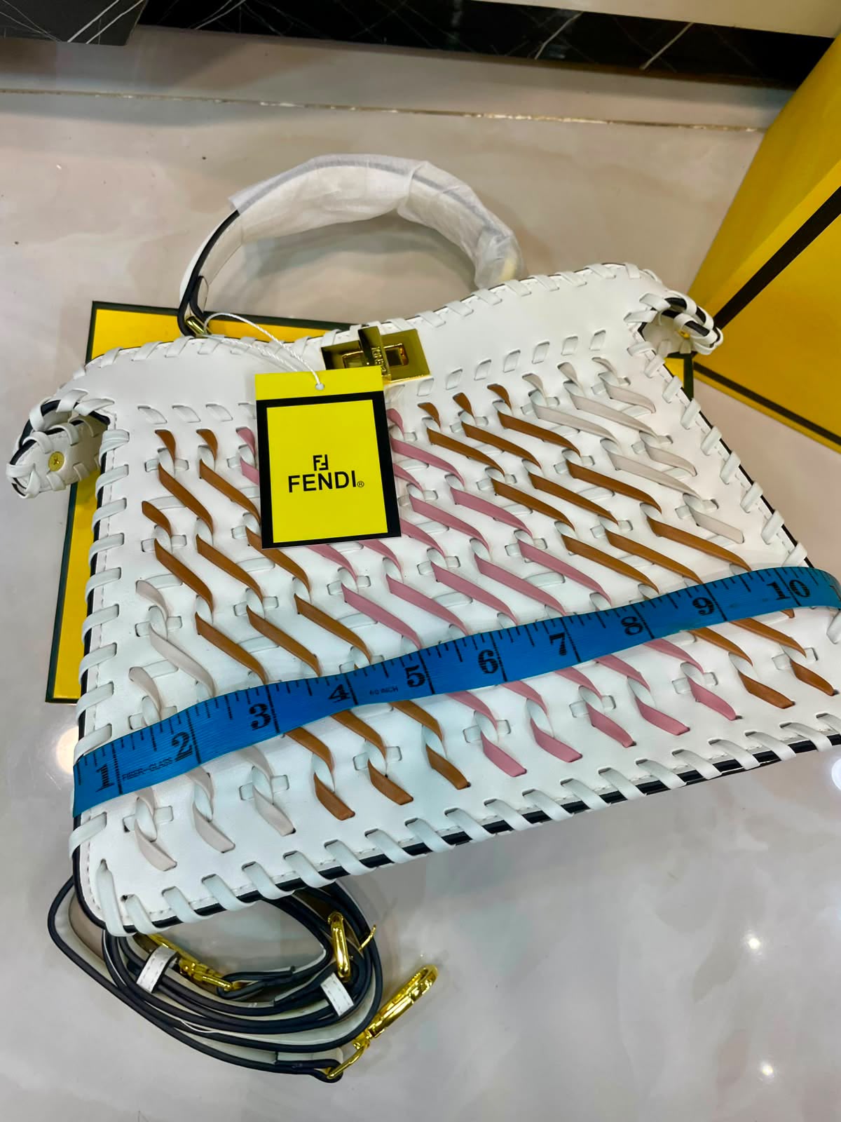 F-E-N-D-I R-O-M-A Peekaboo ISeeU Interwoven Bag – Premium Quality Women Bag | Magnetic Box | White with Mix Colors