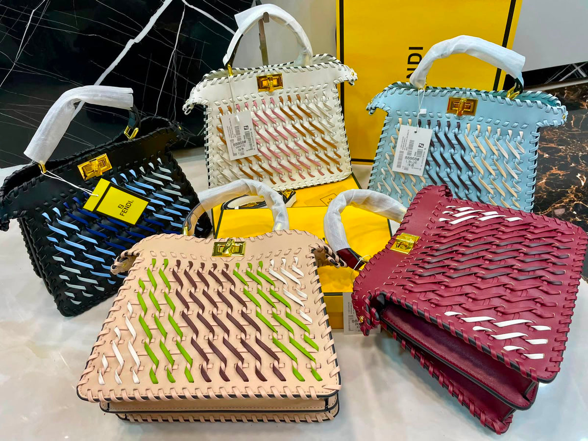 F-E-N-D-I R-O-M-A Peekaboo ISeeU Interwoven Bag – Premium Quality Women Bag | Magnetic Box | White with Mix Colors