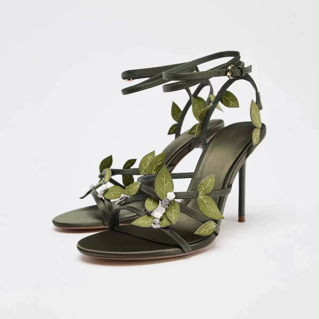 Z-A-R-A Satin-Effect Sandals with 3D Floral Appliqués – Premium Quality Women Footwear (Khaki Green)