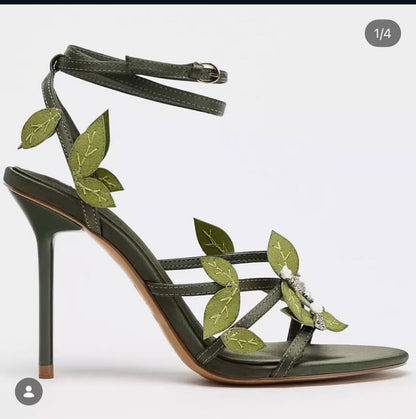 Z-A-R-A Satin-Effect Sandals with 3D Floral Appliqués – Premium Quality Women Footwear (Khaki Green)