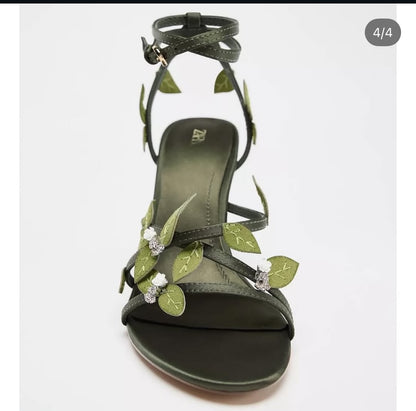 Z-A-R-A Satin-Effect Sandals with 3D Floral Appliqués – Premium Quality Women Footwear (Khaki Green)