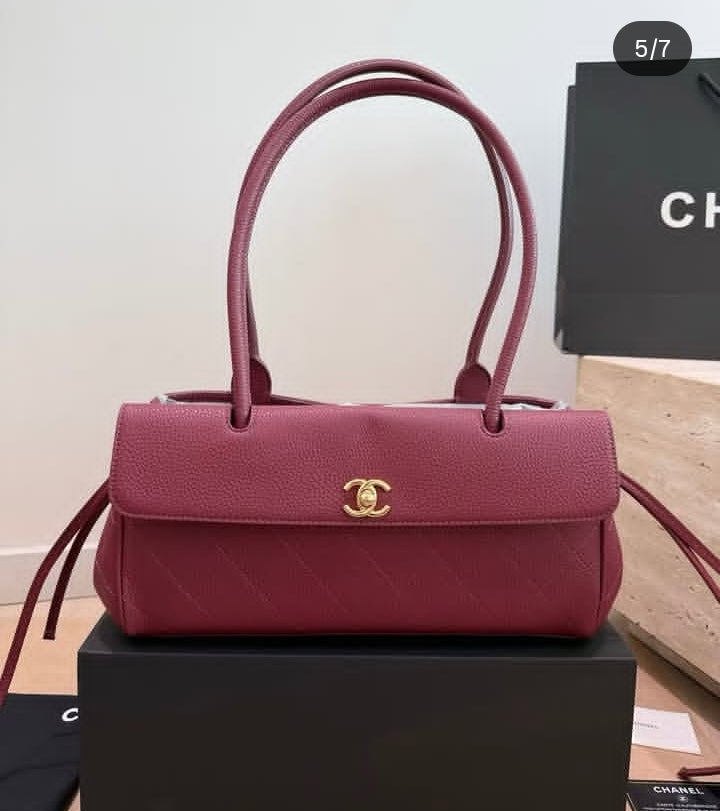 C-H-A-N-E-L Grained Calfskin Stitched Urban Essentials Shopping Bag | Gold Hardware | Luxury Women Bag (Maroon)