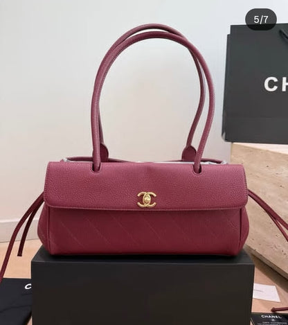 C-H-A-N-E-L Grained Calfskin Stitched Urban Essentials Shopping Bag | Gold Hardware | Luxury Women Bag (Maroon)