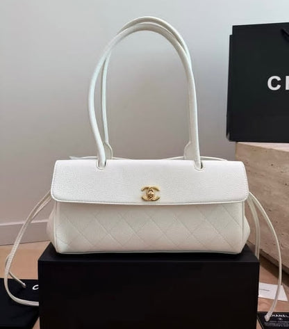 C-H-A-N-E-L Grained Calfskin Stitched Urban Essentials Shopping Bag | Gold Hardware | Luxury Women Bag (White)
