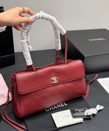 C-H-A-N-E-L Grained Calfskin Stitched Urban Essentials Shopping Bag | Gold Hardware | Luxury Women Bag (Maroon)