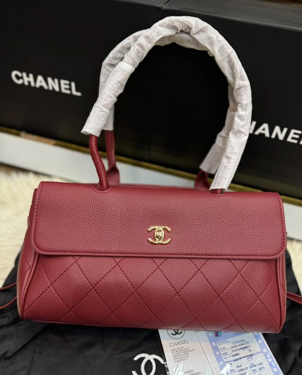 C-H-A-N-E-L Grained Calfskin Stitched Urban Essentials Shopping Bag | Gold Hardware | Luxury Women Bag (Maroon)