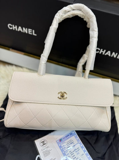 C-H-A-N-E-L Grained Calfskin Stitched Urban Essentials Shopping Bag | Gold Hardware | Luxury Women Bag (White)