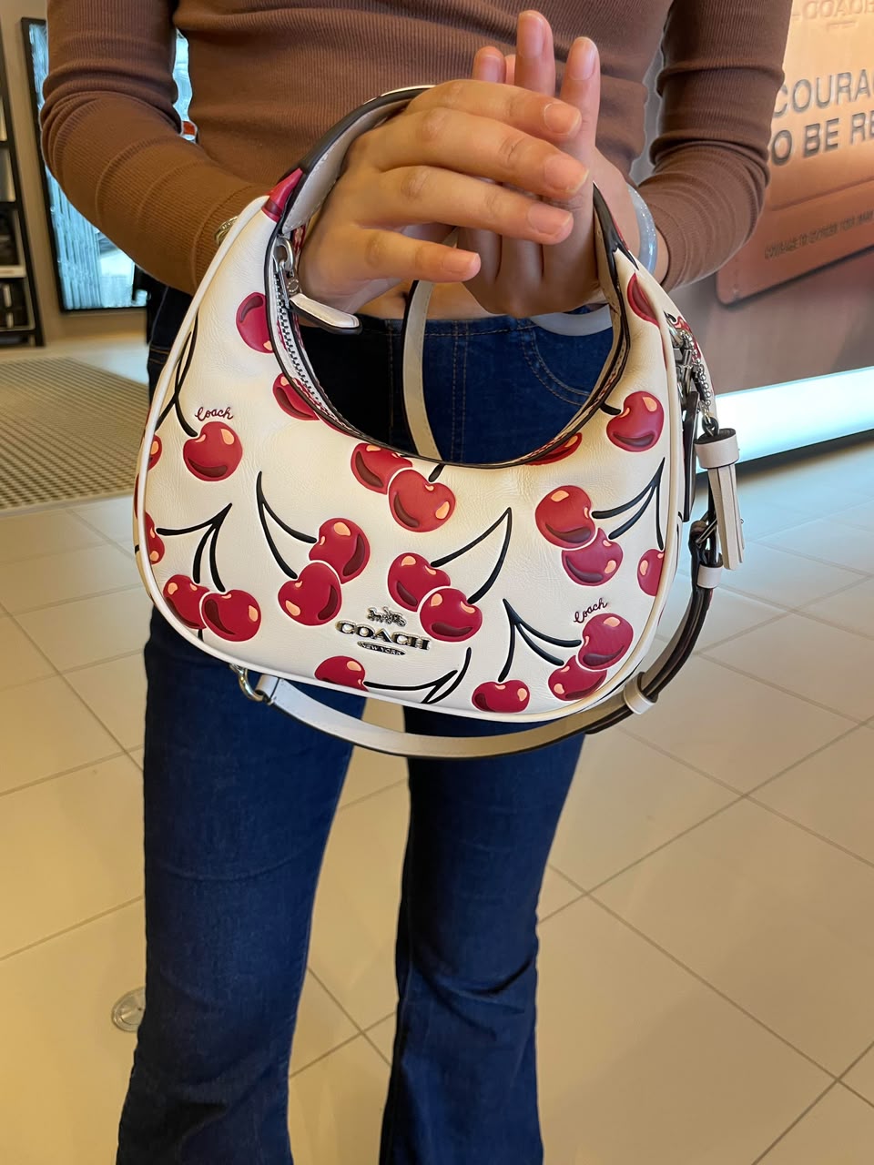 C-O-A-C-H Outlet Carmen Mini Crossbody Bag with Cherry Print – Leather | Long Belt | Brand Box (White with Red)