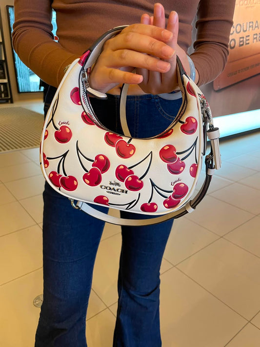C-O-A-C-H Outlet Carmen Mini Crossbody Bag with Cherry Print – Leather | Long Belt | Brand Box (White with Red)