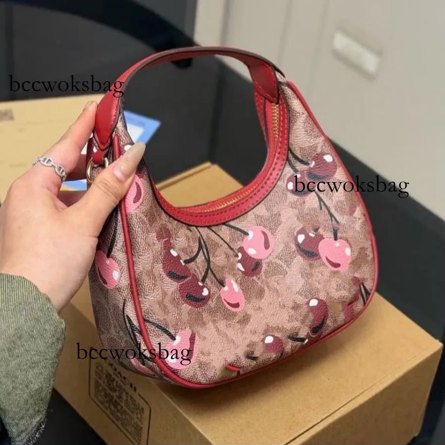 C-O-A-C-H Outlet Carmen Mini Crossbody Bag with Cherry Print – Leather | Long Belt | Brand Box (Brown with Red)