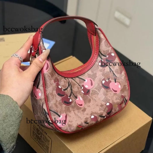 C-O-A-C-H Outlet Carmen Mini Crossbody Bag with Cherry Print – Leather | Long Belt | Brand Box (Brown with Red)