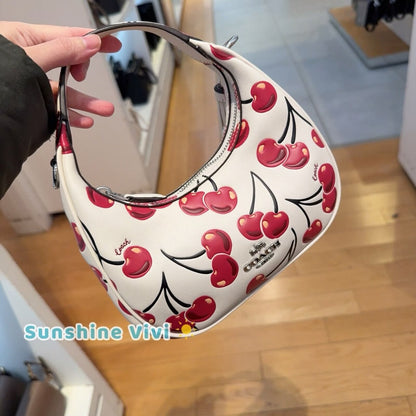 C-O-A-C-H Outlet Carmen Mini Crossbody Bag with Cherry Print – Leather | Long Belt | Brand Box (White with Red)