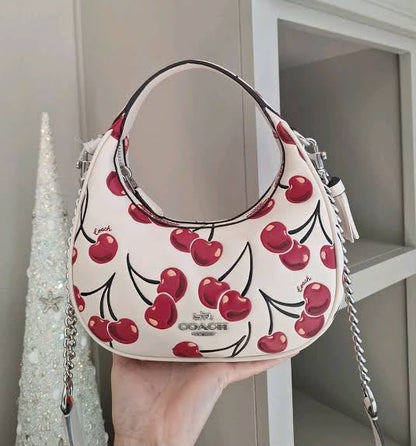 C-O-A-C-H Outlet Carmen Mini Crossbody Bag with Cherry Print – Leather | Long Belt | Brand Box (White with Red)