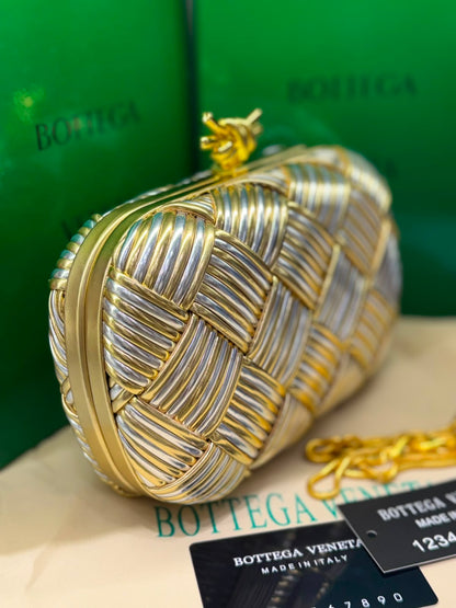 B-O-T-T-E-G-A V-E-N-E-T-A Intreccio Knotted Clutch – Luxury Evening Women Bag (Golden & Silver)