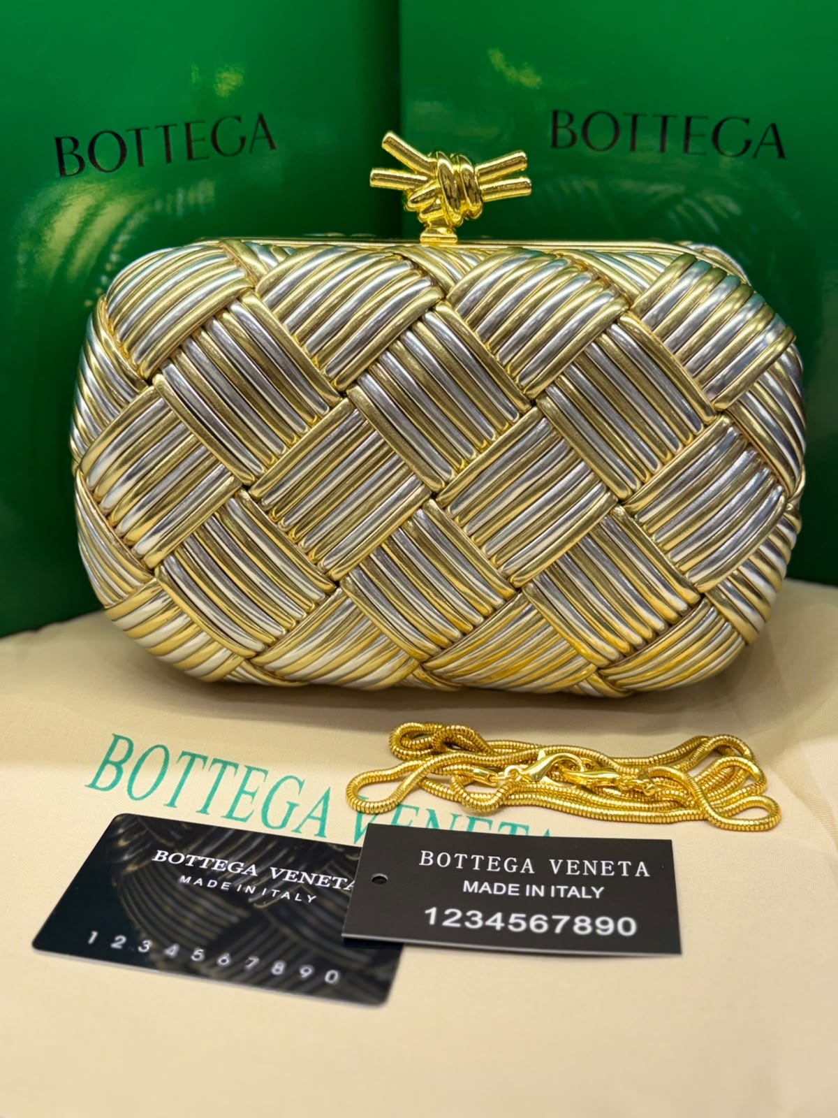 B-O-T-T-E-G-A V-E-N-E-T-A Intreccio Knotted Clutch – Luxury Evening Women Bag (Golden & Silver)