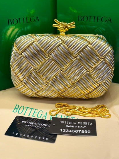 B-O-T-T-E-G-A V-E-N-E-T-A Intreccio Knotted Clutch – Luxury Evening Women Bag (Golden & Silver)