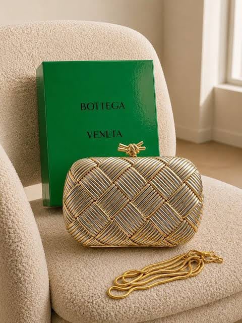 B-O-T-T-E-G-A V-E-N-E-T-A Intreccio Knotted Clutch – Luxury Evening Women Bag (Golden & Silver)