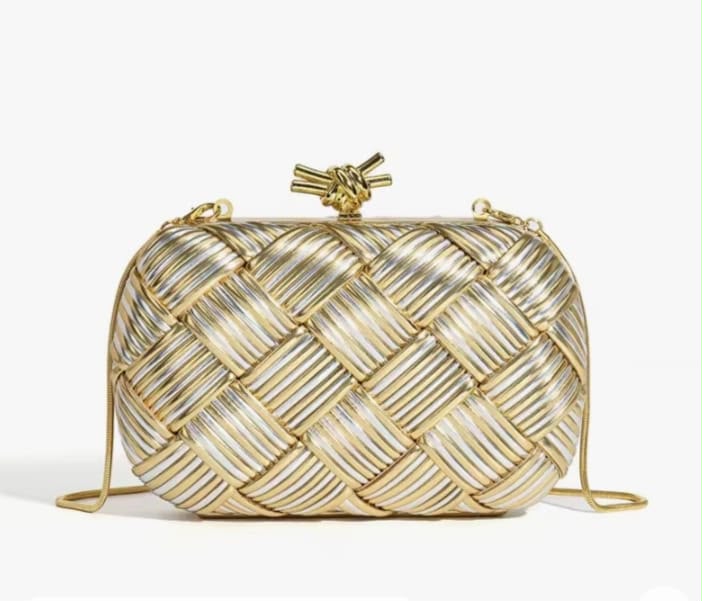 B-O-T-T-E-G-A V-E-N-E-T-A Intreccio Knotted Clutch – Luxury Evening Women Bag (Golden & Silver)