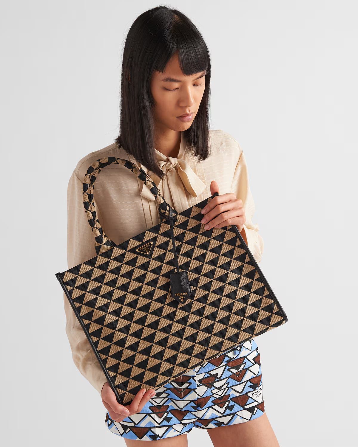 P-R-A-D-A Symbole Jacquard Tote – Premium Designer Women Bag (Black Beige)