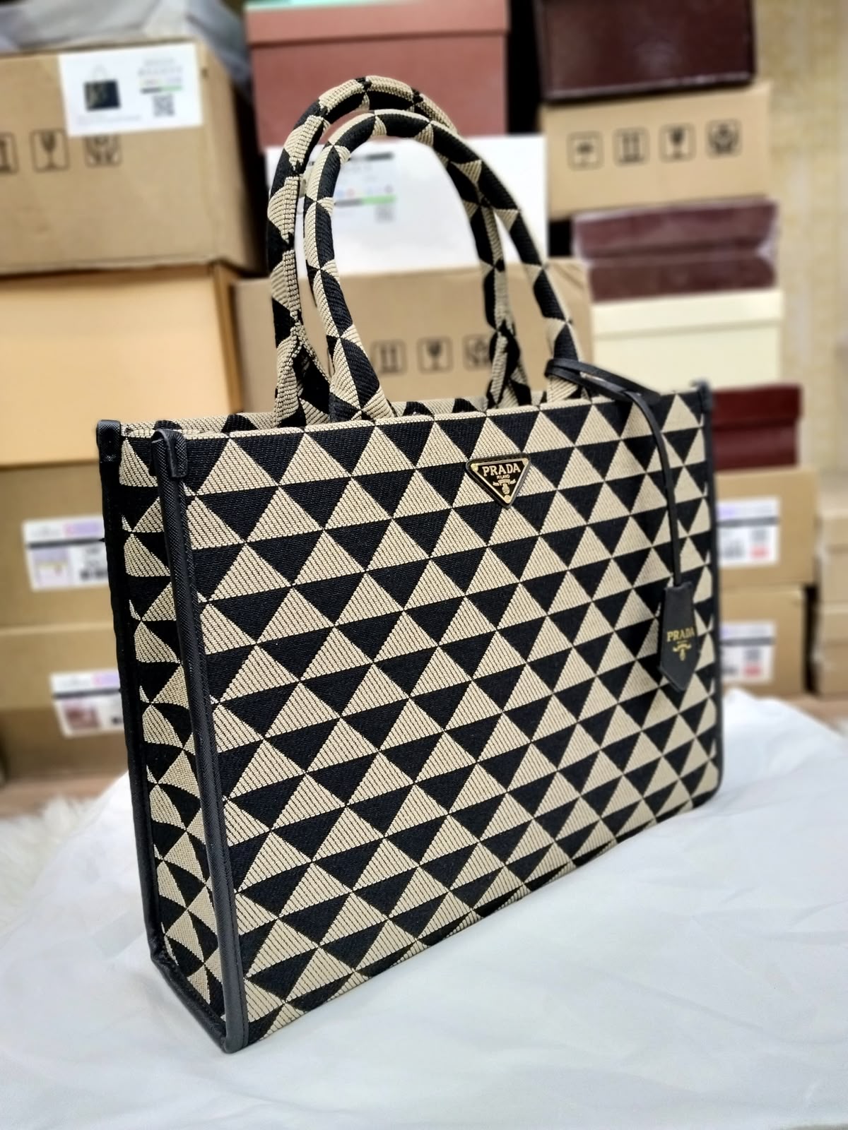 P-R-A-D-A Symbole Jacquard Tote – Premium Designer Women Bag (Black Beige)