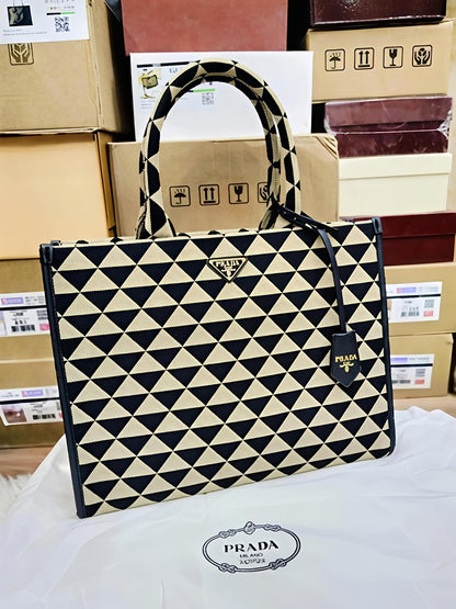 P-R-A-D-A Symbole Jacquard Tote – Premium Designer Women Bag (Black Beige)