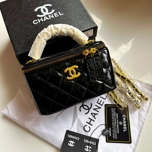 C-H-A-N-E-L Black Quilted Shiny Lambskin Vanity Case – Luxury Crossbody Women Bag (Black)