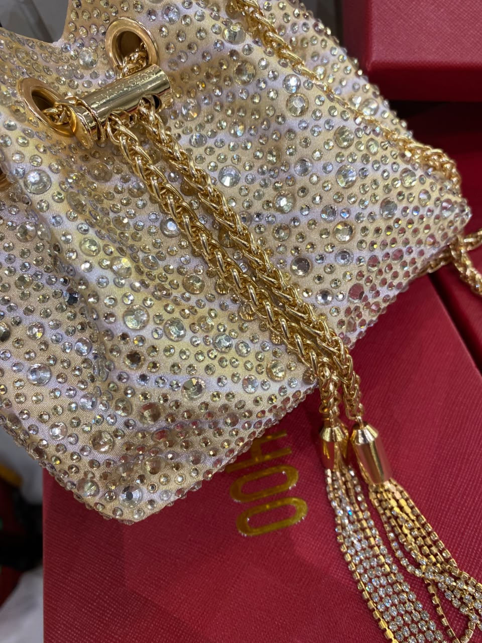 J-I-M-M-Y C-H-O-O Bon Bon Deep Merlot Satin & Crystal Hotfix Bucket Bag (Design A)