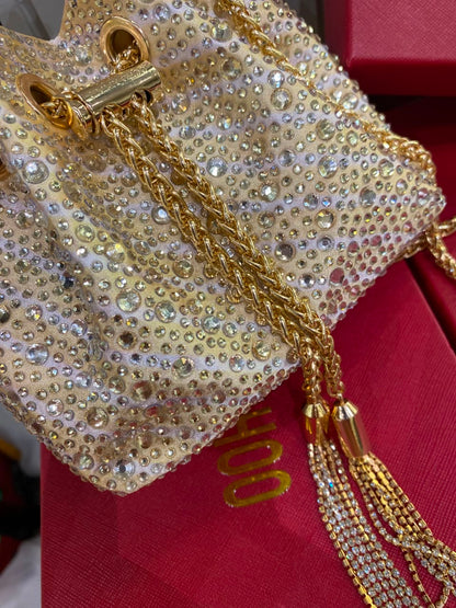 J-I-M-M-Y C-H-O-O Bon Bon Deep Merlot Satin & Crystal Hotfix Bucket Bag (Design A)