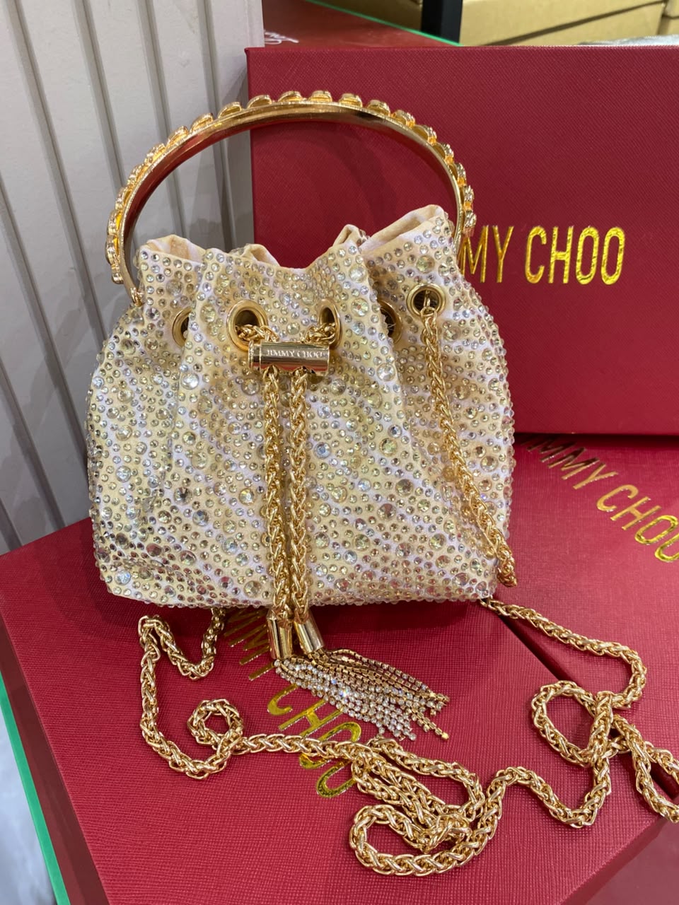 J-I-M-M-Y C-H-O-O Bon Bon Deep Merlot Satin & Crystal Hotfix Bucket Bag (Design A)