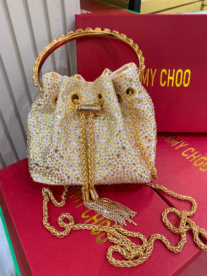 J-I-M-M-Y C-H-O-O Bon Bon Deep Merlot Satin & Crystal Hotfix Bucket Bag (Design A)