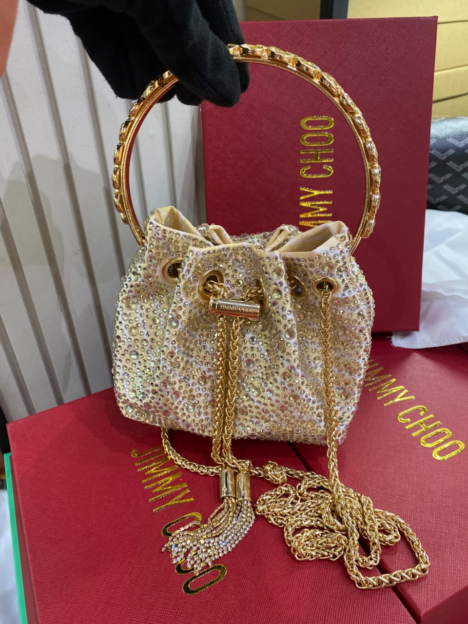 J-I-M-M-Y C-H-O-O Bon Bon Deep Merlot Satin & Crystal Hotfix Bucket Bag (Design A)