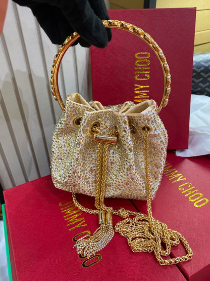 J-I-M-M-Y C-H-O-O Bon Bon Deep Merlot Satin & Crystal Hotfix Bucket Bag (Design A)