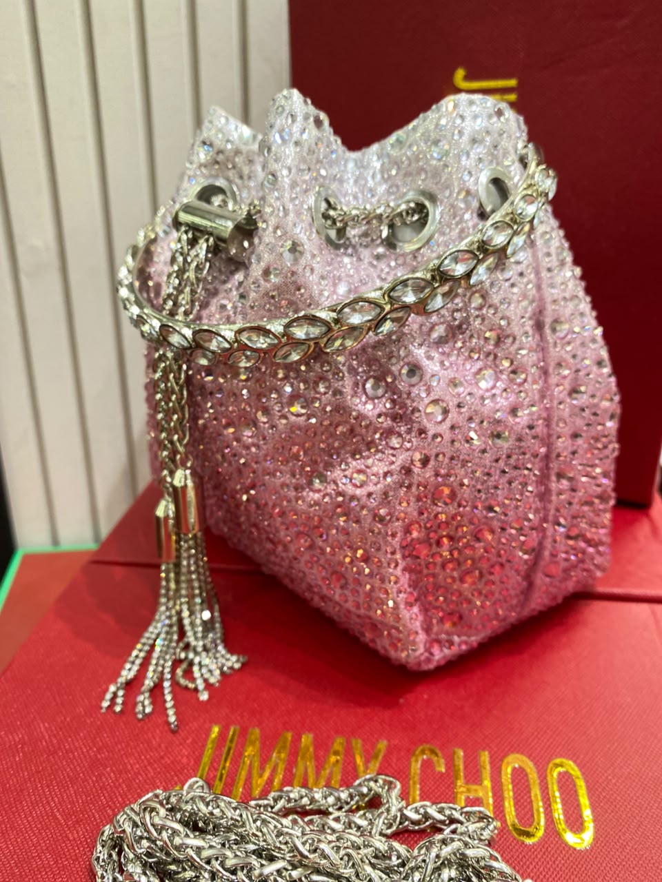 J-I-M-M-Y C-H-O-O Bon Bon Deep Merlot Satin & Crystal Hotfix Bucket Bag (Design B)