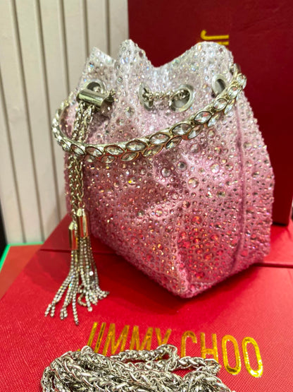 J-I-M-M-Y C-H-O-O Bon Bon Deep Merlot Satin & Crystal Hotfix Bucket Bag (Design B)