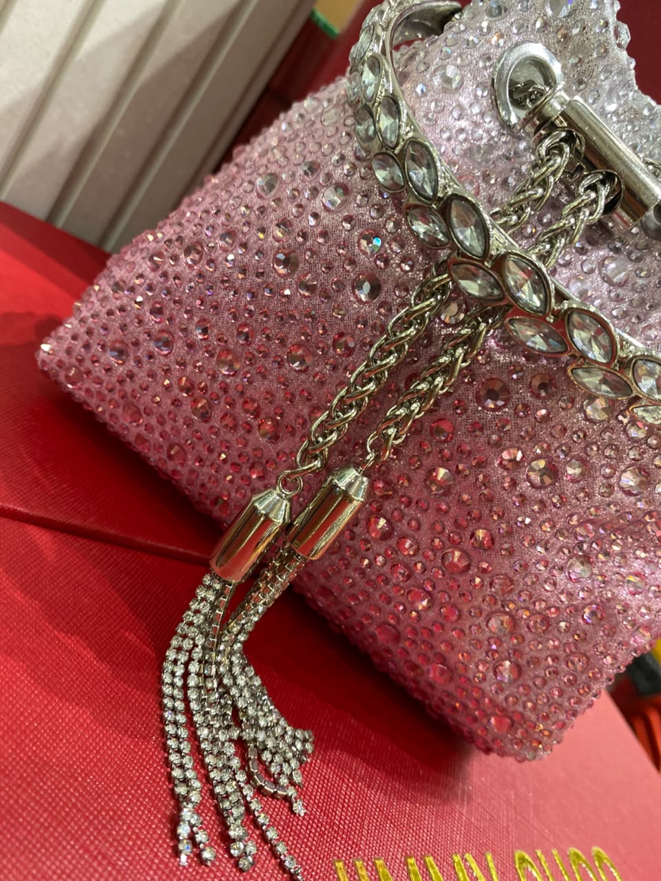 J-I-M-M-Y C-H-O-O Bon Bon Deep Merlot Satin & Crystal Hotfix Bucket Bag (Design B)