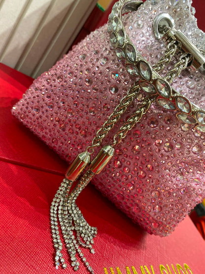 J-I-M-M-Y C-H-O-O Bon Bon Deep Merlot Satin & Crystal Hotfix Bucket Bag (Design B)