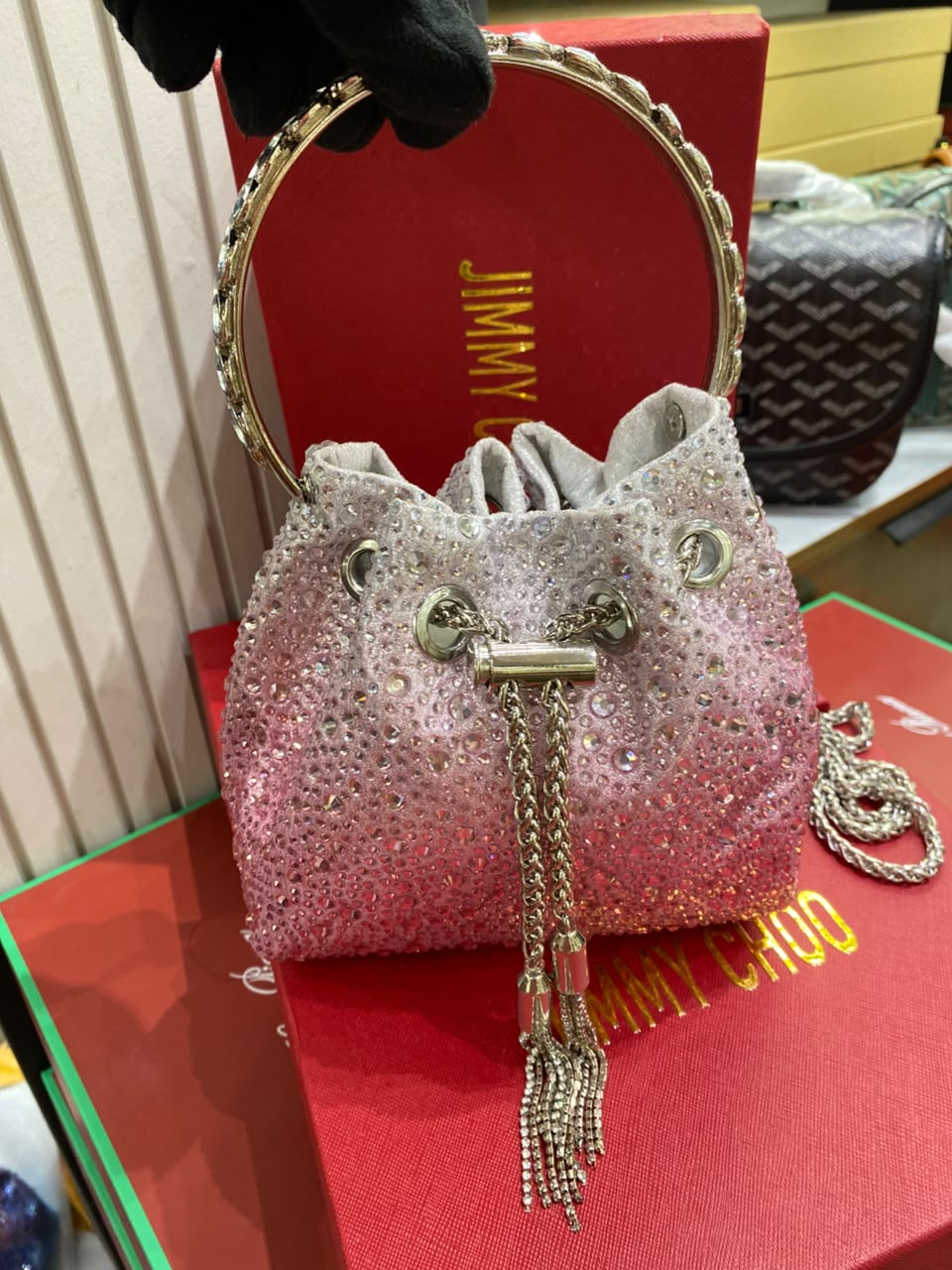 J-I-M-M-Y C-H-O-O Bon Bon Deep Merlot Satin & Crystal Hotfix Bucket Bag (Design B)