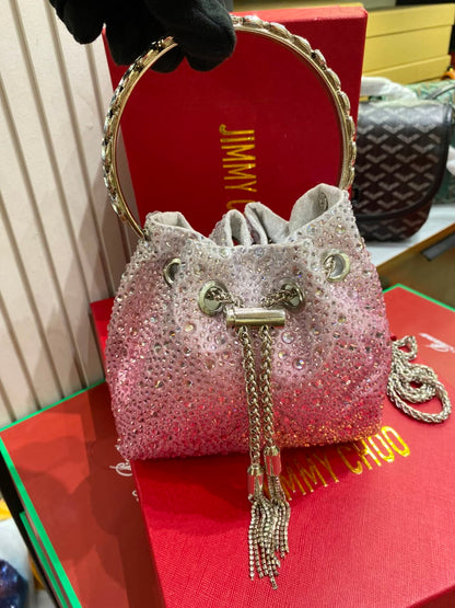 J-I-M-M-Y C-H-O-O Bon Bon Deep Merlot Satin & Crystal Hotfix Bucket Bag (Design B)