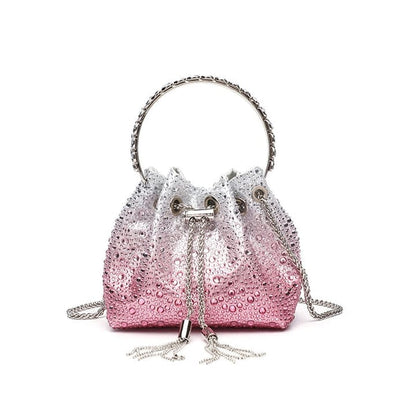 J-I-M-M-Y C-H-O-O Bon Bon Deep Merlot Satin & Crystal Hotfix Bucket Bag (Design B)