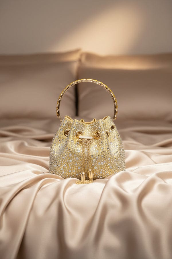 J-I-M-M-Y C-H-O-O Bon Bon Deep Merlot Satin & Crystal Hotfix Bucket Bag (Design A)