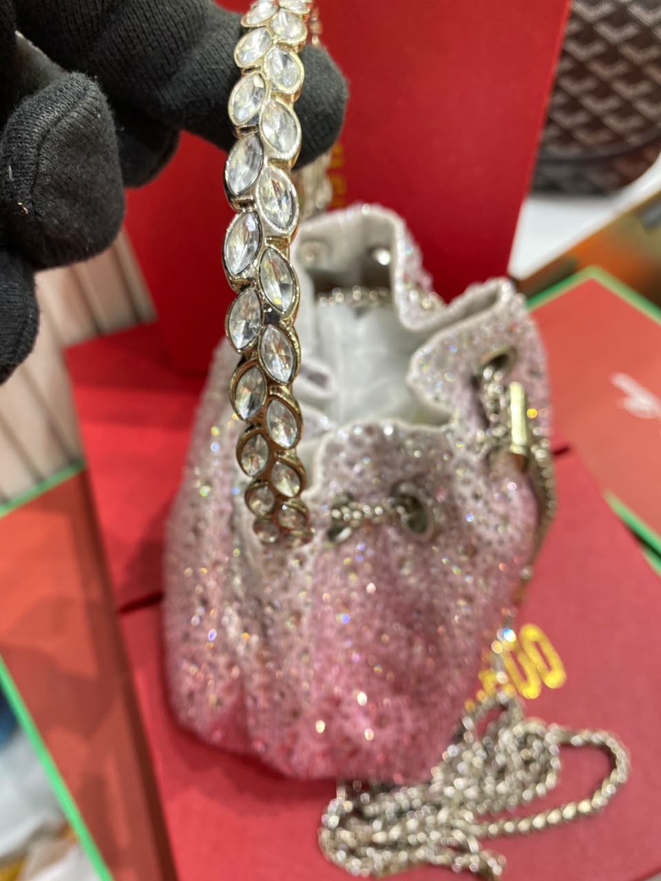 J-I-M-M-Y C-H-O-O Bon Bon Deep Merlot Satin & Crystal Hotfix Bucket Bag (Design B)