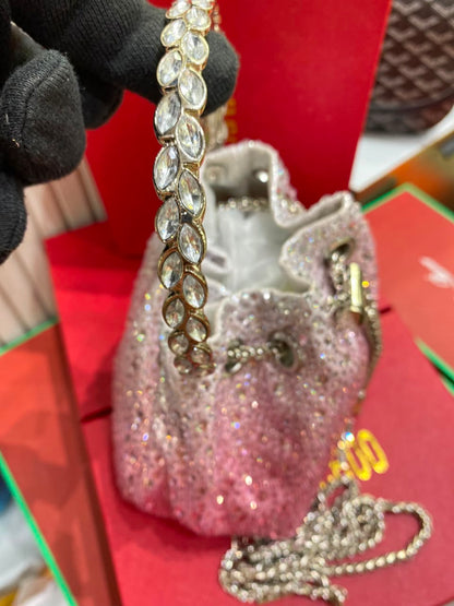 J-I-M-M-Y C-H-O-O Bon Bon Deep Merlot Satin & Crystal Hotfix Bucket Bag (Design B)