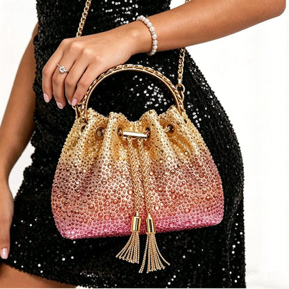 J-I-M-M-Y C-H-O-O Bon Bon Deep Merlot Satin & Crystal Hotfix Bucket Bag (Yellow Gold)